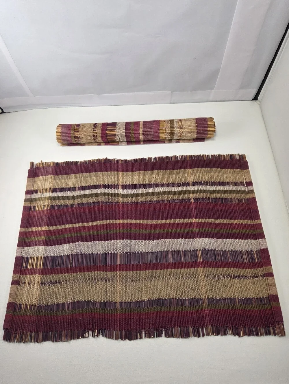 Boho Woven Slatted Bamboo Placemats Set of 2 Striped Burgundy Tan